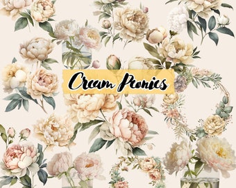 Watercolor Cream Peonies Clipart - Floral Bouquets, Wreaths, and Petals for Weddings in Cream and Ivory Colors - PNG Instant Download