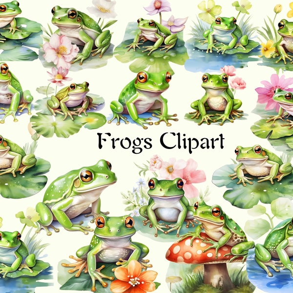 Frogs Watercolor Clipart, Green Toad Graphics, Cute Floral Frog PNG, Lily Pond Frog Illustrations, Commercial Use, Instant Digital Download