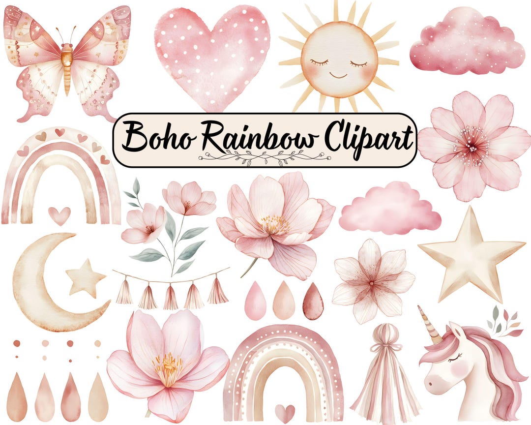 Boho Rainbow Watercolor Clipart, Boho Nursery Clipart, Baby Shower ...