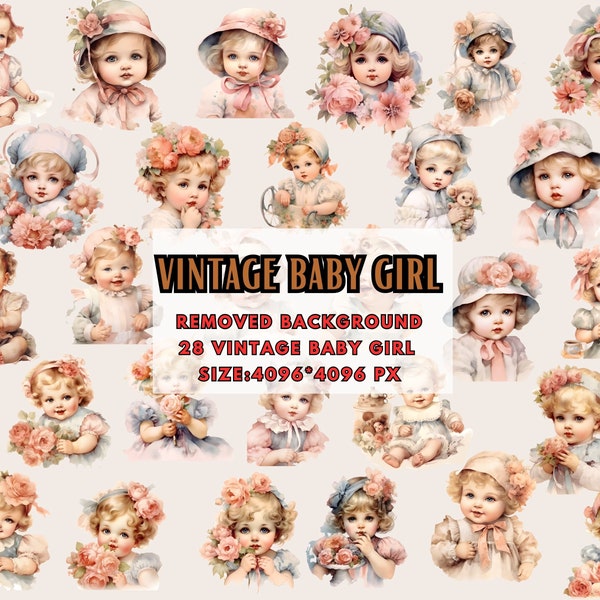 Victorian Vintage Baby Girl Clipart -Watercolor Cute Baby Girl Graphics, Retro Babygirl Clip Art, Boho Dress Illustration-Commercial Use PNG