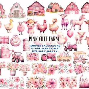 Pink Cute Farm Clipart PNG - Watercolour Bundle - Barn Farm Animals, Horse, Chicken, Cow, Pig, Pink Flowers - Nursery Decor, Baby Shower PNG