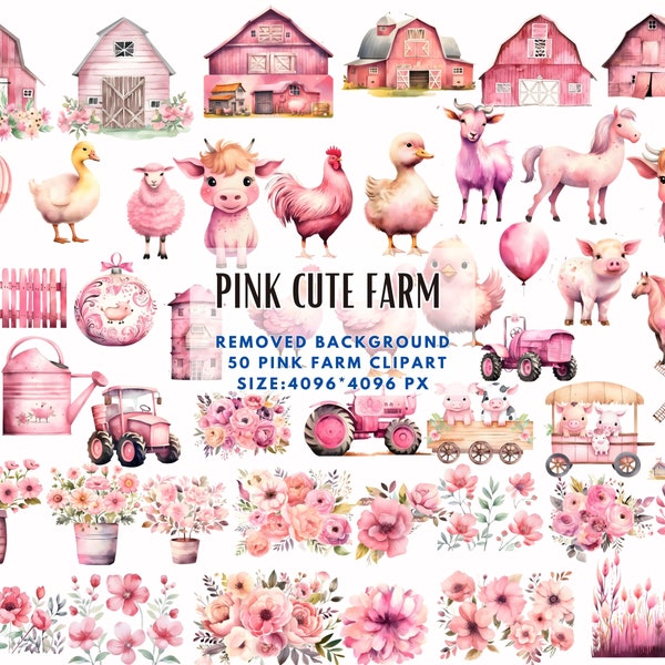 Pink Cute Farm Clipart PNG - Watercolour Bundle - Barn Farm Animals, Horse, Chicken, Cow, Pig, Pink Flowers - Nursery Decor, Baby Shower PNG