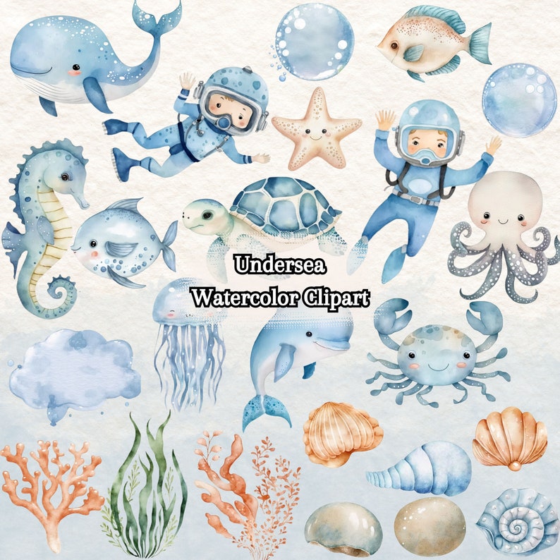 Undersea Watercolor Clipart Bundle Nursery Decor, Baby Wall Art, Cute Ocean Animals PNG, Baby Shower, Octopus, Jellyfish, Whale, Seahorse image 1