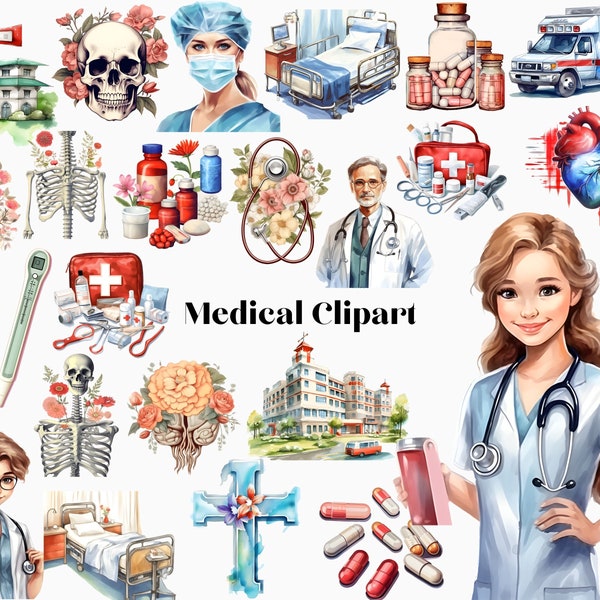 Hospital Clipart Set, Anatomy Illustrations, Doctor Clipart, Nurse Graphics, Healthcare Medic Clip Art, Medicine Tools PNG, Instant Download