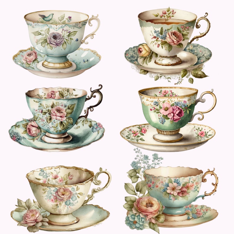 Watercolor Vintage Teacup Clipart Antique Tea Time Charm PNG Etsy