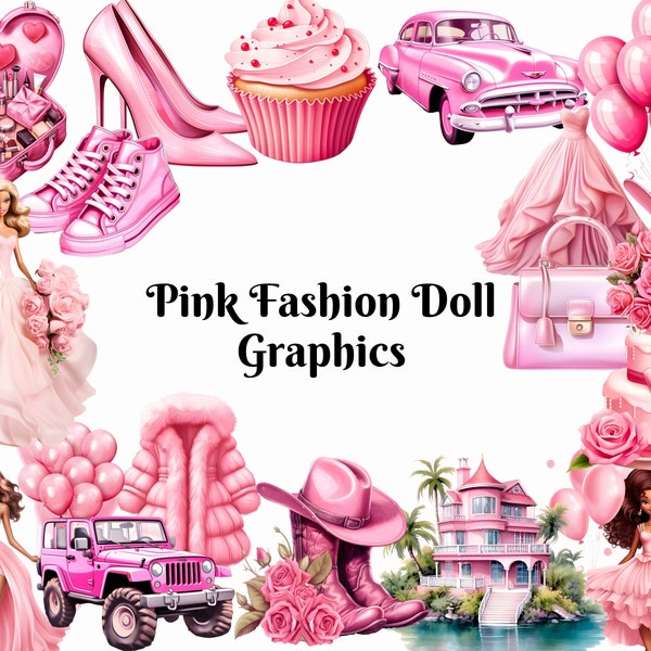 Pink Fashion Doll Clipart - Afro Fashion Clipart, Girl Boss Clipart, Fashion Girl Doll Clipart, Cute Girl Fashion Accessories,Pink Retro PNG