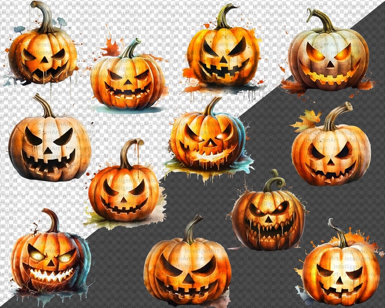 Watercolor Halloween Pumpkin Clipart PNG Pumpkin Jack O Lantern Png, Cute Halloween Clip Art, Spooky Pumpkin Png Commercial Use PNG image 5