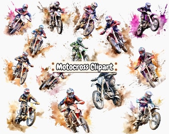 Motocross Clipart - Motorcycle Silhouettes, Watercolor Illustrations, Dirt Bikes, Racing Bikes,Boys Off-Road Motorcycle PNG - Commercial Use