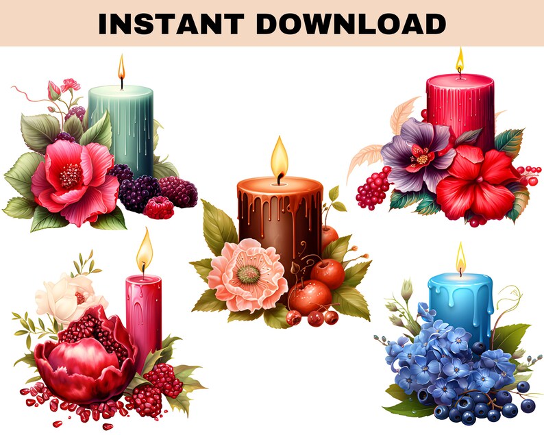 Floral Candle Clipart, Flower Candle Images, Autumn Candle Decor