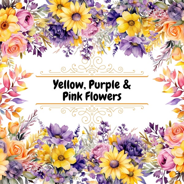 Conjunto de imágenes prediseñadas florales de acuarela - Flores rosas, amarillas y púrpuras - Brillantes y coloridas - Ramos, coronas y elementos - Uso comercial PNG