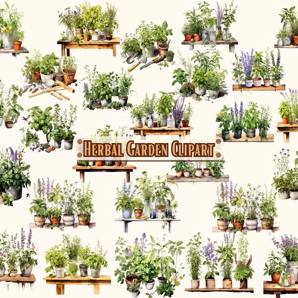 Herbal Garden Clipart-Watercolor Rustic Cottage Core Herb Garden, Potted Plants, Greenery, Cooking Clip Art, Fresh Herbs-Commercial Use PNG