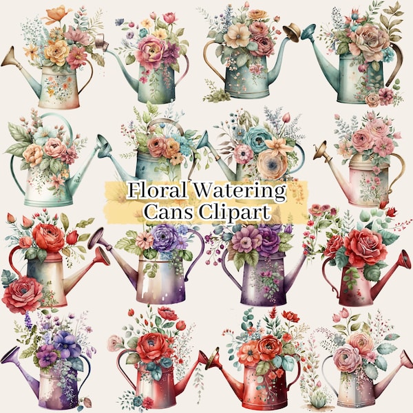 Watercolor Floral Watering Cans Clipart Bundle PNG Gardening Bouquet, Floral Watering Can Commercial Use , Instant Download Clip art