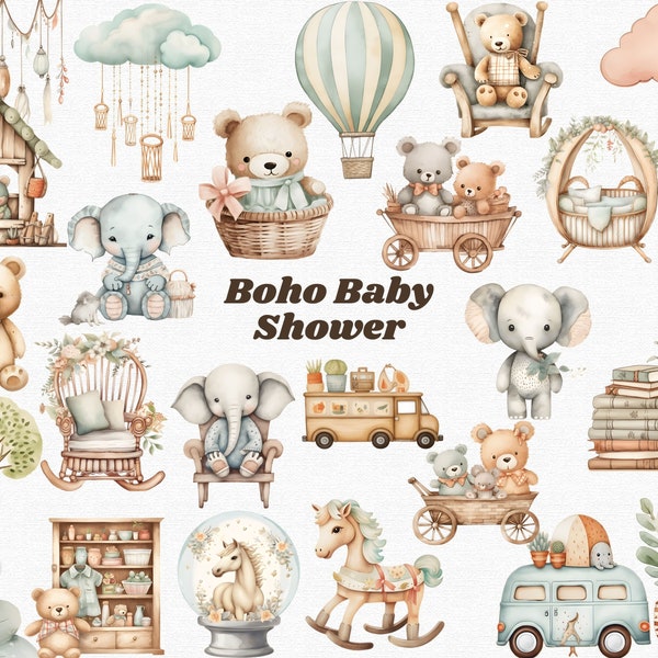 Boho Baby Shower Clipart, Nursery Decor PNG, Baby Wall Art, Boho Watercolor, Cute Neutral Nursery Clipart, Instant Download, Commercial Use