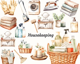 Housekeeping Clipart, Watercolor Cleaning Supplies, Cleaning Service PNG, Neutral Spring Cleaning, Fresh House Clip Art, Instant Download