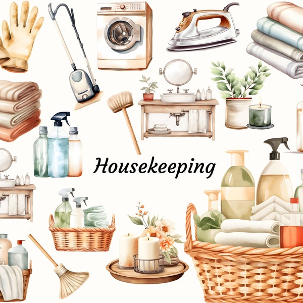 Housekeeping Clipart, Watercolor Cleaning Supplies, Cleaning Service PNG, Neutral Spring Cleaning, Fresh House Clip Art, Instant Download