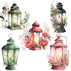 Watercolor Cottagecore Lanterns with Floral Designs Lamps Clipart PNG Antique Lamp Instant Download for Commercial Use Victorian Lamp image 4