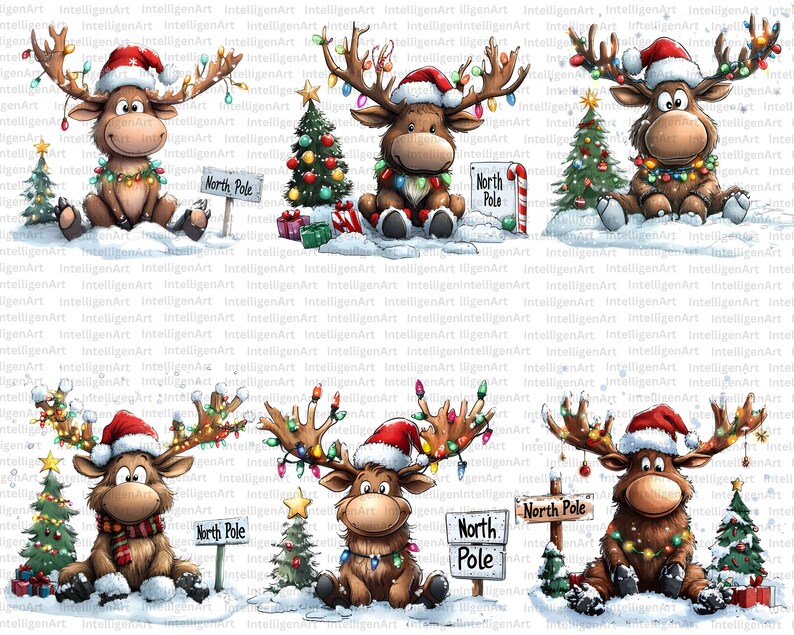 Christmas Moose Clipart, Moose Wearing Santa Hat, Holiday Moose Clipart