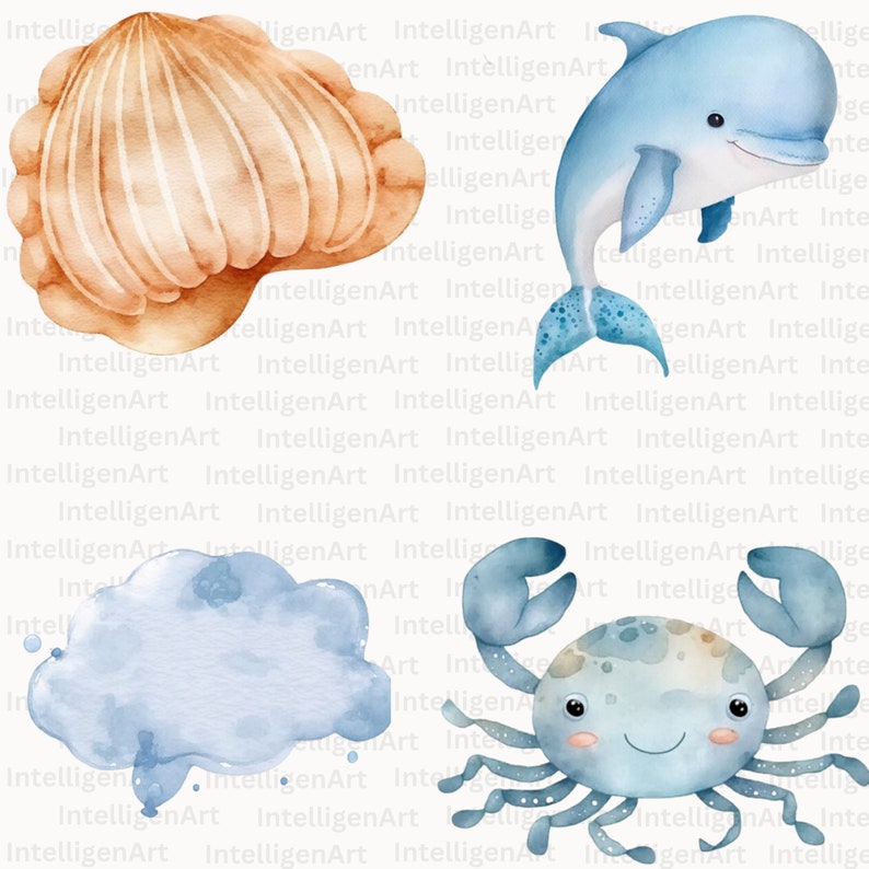 Undersea Watercolor Clipart Bundle Nursery Decor, Baby Wall Art, Cute Ocean Animals PNG, Baby Shower, Octopus, Jellyfish, Whale, Seahorse image 7