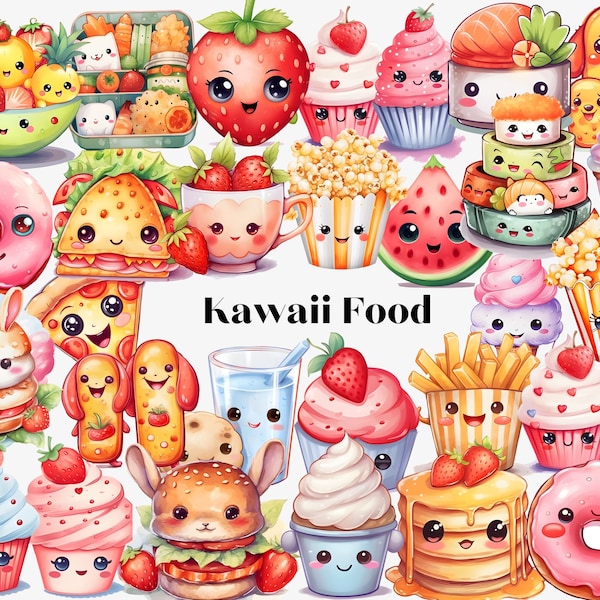 Kawaii Food Clipart, Cute Food Printable Stickers, Kawaii Sweet Treats Sublimation, Popcorn, Milkshake, Cupcake, Kawaii Sweet Food Clipart