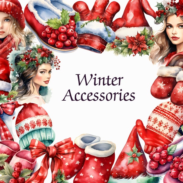 Winter Accessories Clipart - Winter Clothing Clipart, Christmas Accessories Clipart, Winter Fashion Clipart, Coat, Mittens, Beanie, Boots