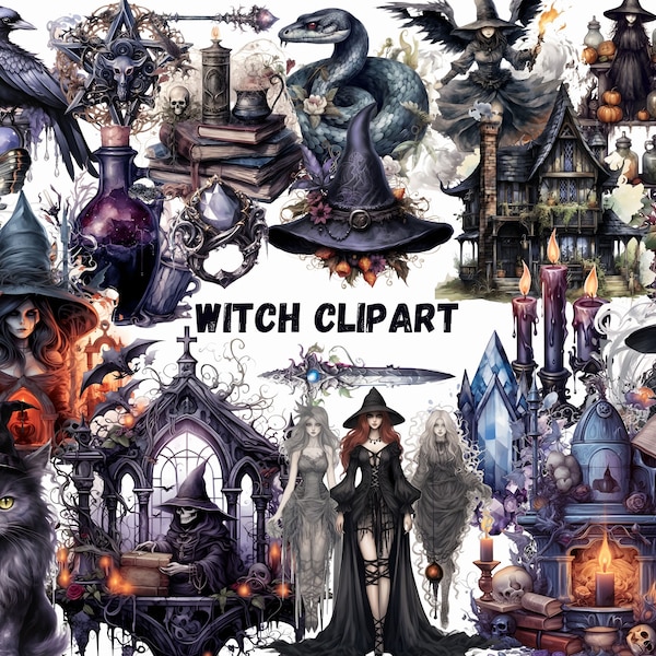Gothic Witch Clipart - 100+ Witches PNG, Spooky Halloween Clipart, Dark Witches Clipart, Magical Fairytale Illustration, Gothic Junk Journal