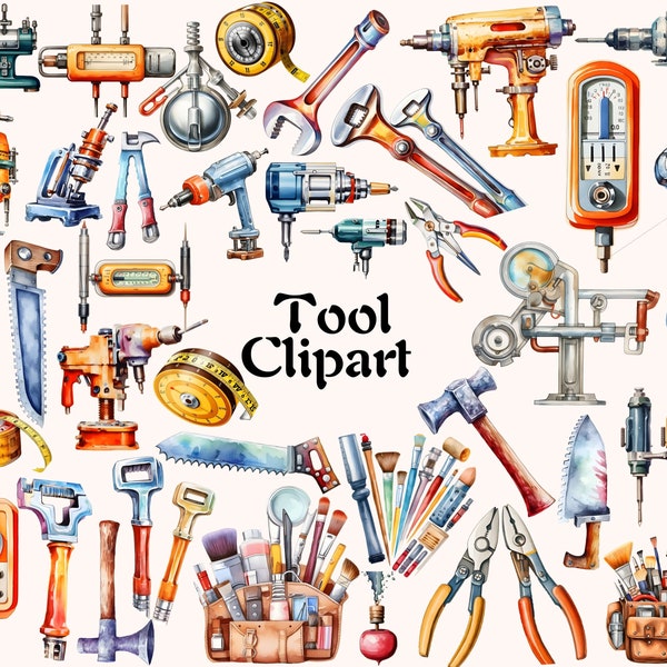 Werkzeuge Clipart Bundle, Mechaniker Werkzeug Clipart, Handwerkzeug Clipart, Handyman Toolbox Grafiken Hammer Schraubenzieher Schraubendreher Bohrer Lineal Maßband