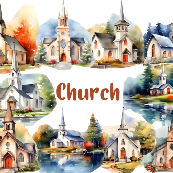 Church Watercolor Clipart, Religious Building, Country Church Graphic, Catholic Christian Art, Churches Wedding PNG, Watercolor Brick Chapel