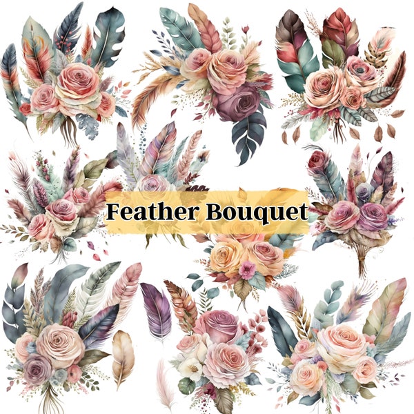 Watercolor Flower Feather Bouquet Clipart - Boho Shabby Floral Wedding with Roses and Flowers, Rustic Wedding Flowers, Scrapbooking PNG