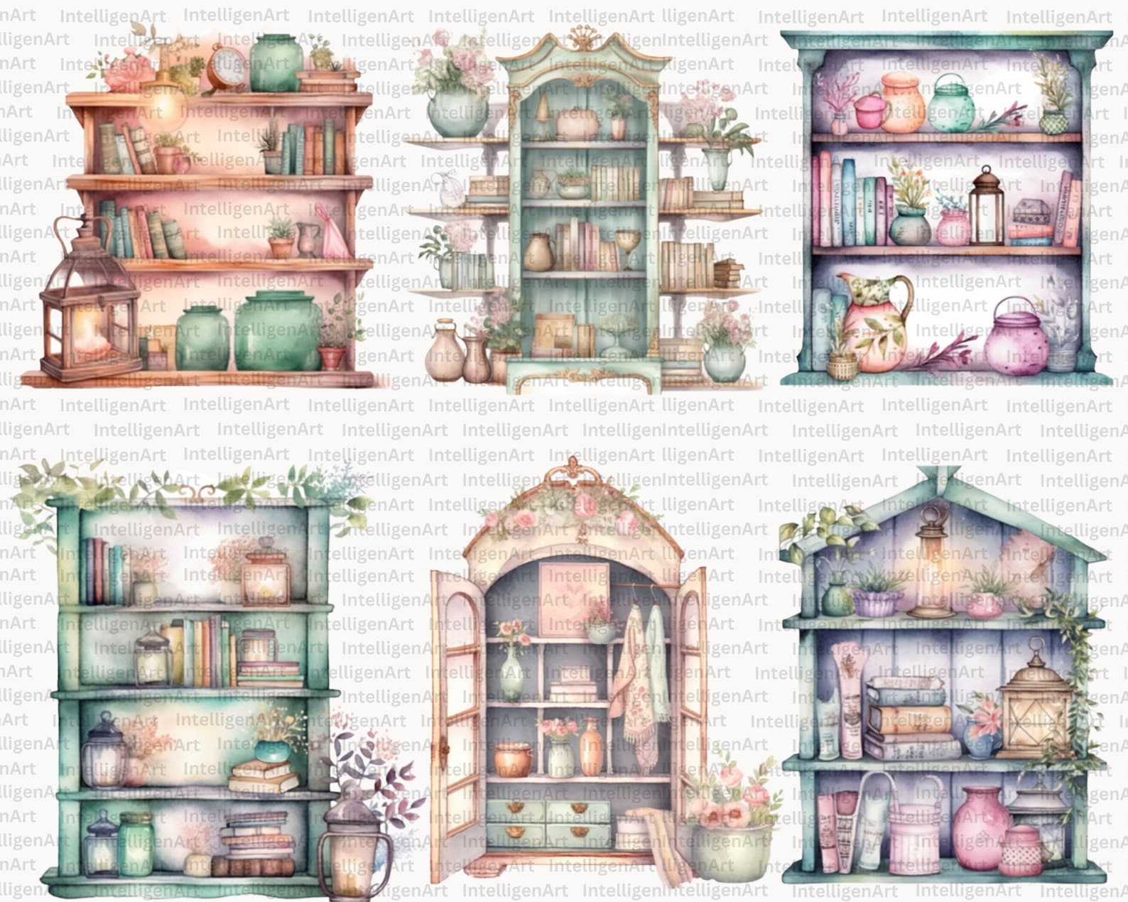 Cottagecore Shelves Clipart Watercolor Vintage Bookshelf Etsy