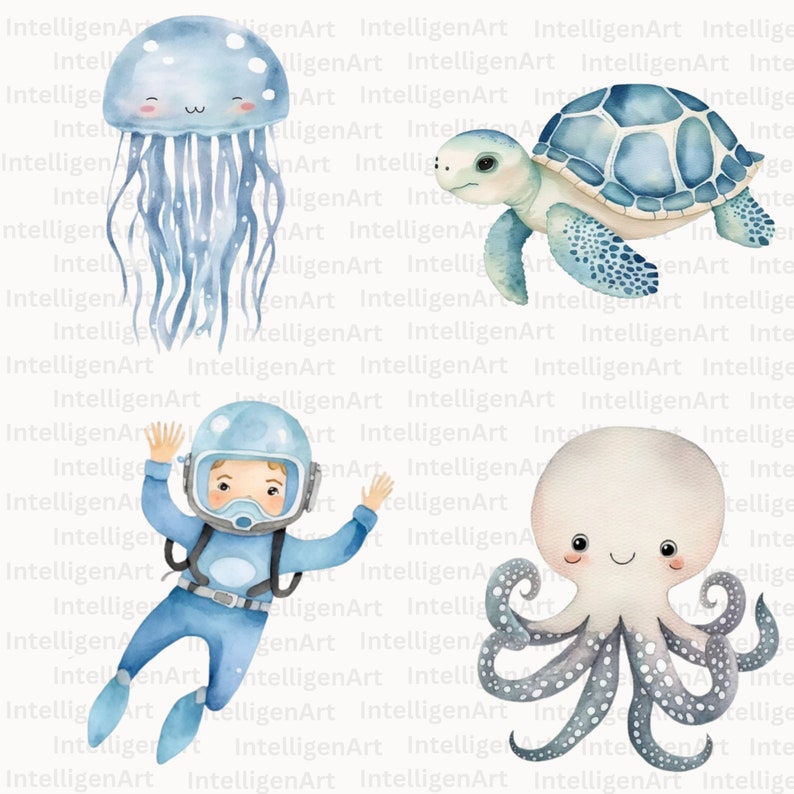 Undersea Watercolor Clipart Bundle Nursery Decor, Baby Wall Art, Cute Ocean Animals PNG, Baby Shower, Octopus, Jellyfish, Whale, Seahorse image 6
