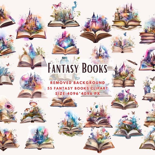 Fantasy Books Clipart - Aquarel Vintage Boeken, Stacklibrary, Open Boek Clip Art, Oude Boeken, Boekstapels, Magische Boeken - Commercieel Gebruik PNG