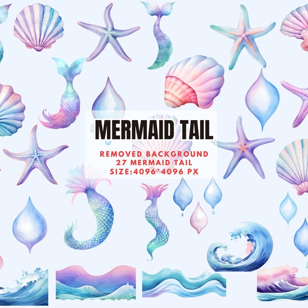 Watercolor Mermaid Tail Clipart - Underwater Mermaid Clipart, Pastel Baby Girl Birthday Party PNG, Pastel Shells PNG, Sea Beach Clipart PNG