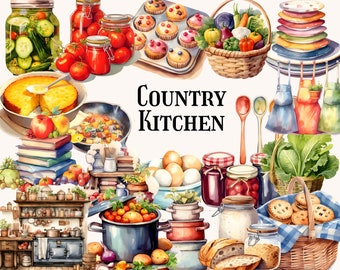 Country Kitchen Clipart - Watercolor Rustic Cooking Clipart, Baking Clipart, Utensil Clipart, Bakery Food Clipart, Junk Journal, Cooking PNG
