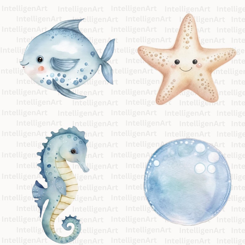 Undersea Watercolor Clipart Bundle Nursery Decor, Baby Wall Art, Cute Ocean Animals PNG, Baby Shower, Octopus, Jellyfish, Whale, Seahorse image 5