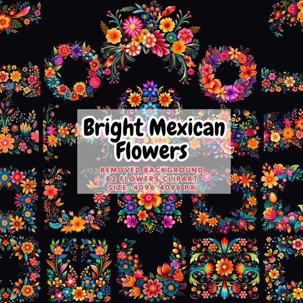 Deep Bright Mexican Flowers Clipart- Fiesta Party- Watercolor Vibrant Floral- Unique Otomi- Cinco de Mayo Party Graphics- Commercial Use PNG