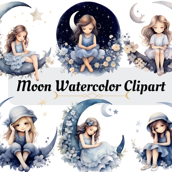 Girl on the Moon Clipart, Fantasy Night Sky Art Print, Floral Moon Clipart, Whimsical Moon Gazing Girl, Dreamy Clipart, Nursery Decor