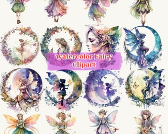 Aquarelle fée Clipart - Pixie magique avec des fleurs et des Illustrations de la lune - enchanteur aquarelle fée graphique pour les dessins numériques PNG