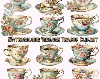 Watercolor Vintage Teacup Clipart, Antique Tea Time Charm PNG Digital Image Download for Card Making, Scrapbook, Junk Journal, Paper Crafts
