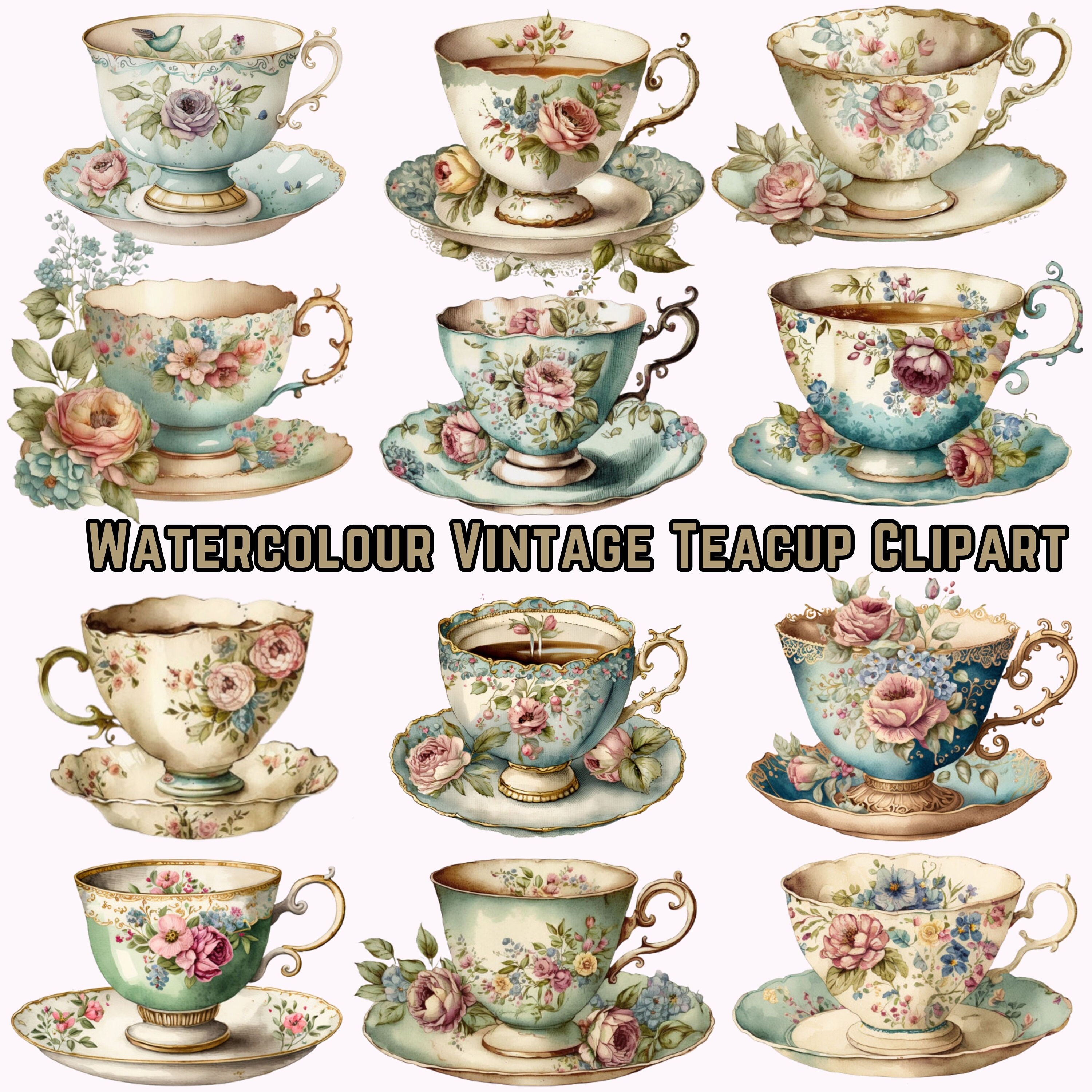 Watercolor Vintage Teacup Clipart Antique Tea Time Charm PNG Etsy