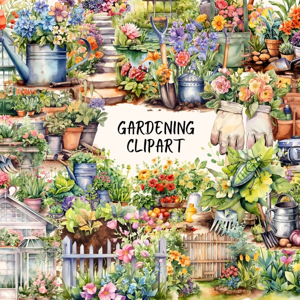 Gardening Clipart - Gardening Tools Clipart, Spring Garden Graphics, Garden Flowers Png, Gardening Equipment Png, Instant Digital Download