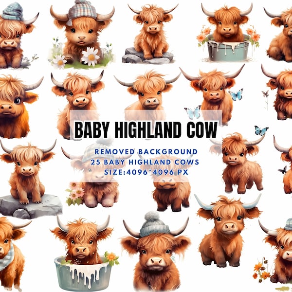 Baby Highland Cow Clipart - Baby Animals Clipart, Cow Wall Art PNG, Baby Cow Graphics, Cow Print Clipart, Nursery Decor - Commercial Use PNG