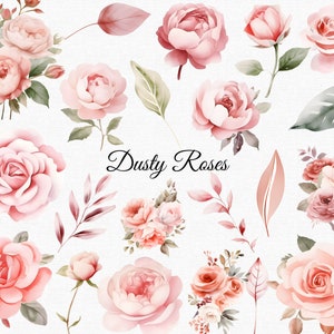 Dusty Rose Floral Clipart, Watercolor Roses, Dusty Rose & Blush, Wedding Pink Blush Floral Clipart, Transparent Background, Commercial Use