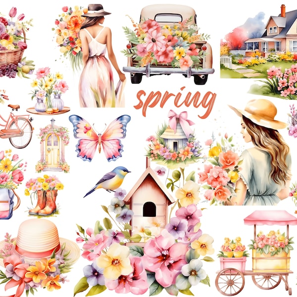 Watercolor Spring Clipart, Spring Flowers Clipart, Spring Garden Illustrations, Spring Animals, Nursery Decor, Scrapbooking, Commercial Use