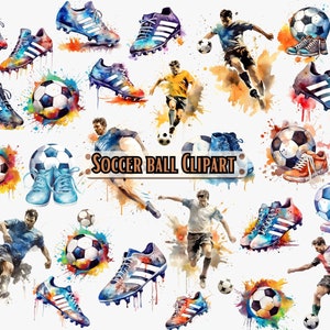 Soccer Ball Clipart-Watercolor Soccer Ball and Shoes, Sports Balls, Sport Equipment, Soccer Posters, Rainbow Soccer Ball-Commercial Use PNG