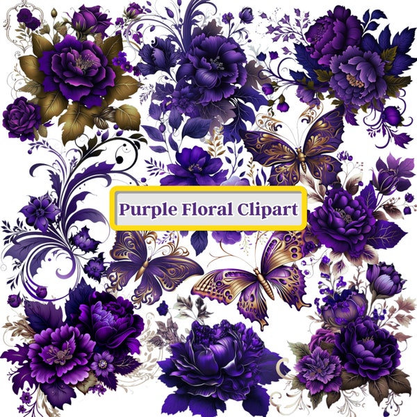 Purple and Gold Floral Clip Art - Summer Flowers Clipart, Elegant Floral Clipart for Invitations, Cards, and DIY Projects,Commercial Use PNG