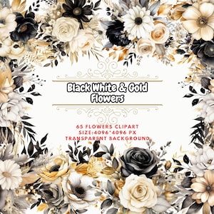 Black White and Gold Flowers Clipart - Watercolor Floral Digital Art - Bouquets, Wreaths, and Individual Elements - Commercial Use PNG