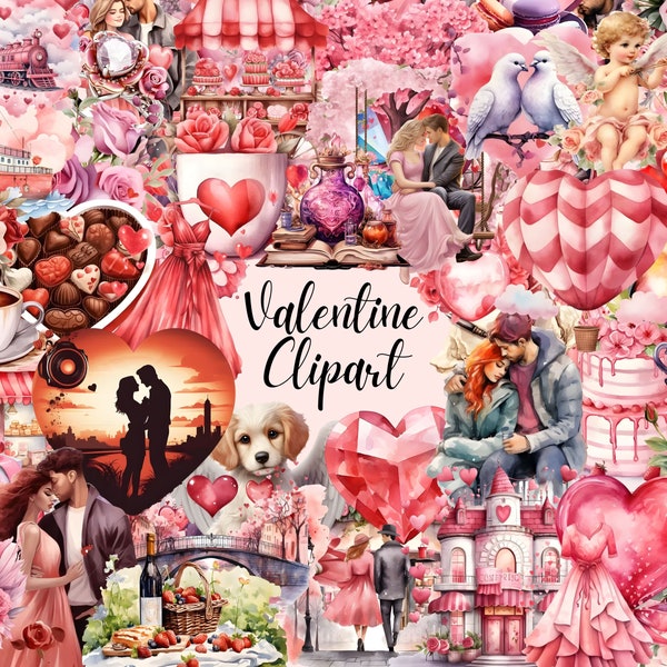 Valentinstag Clipart - 550+ Valentinstag Bilder, romantisches Paar Clipart, süße rosa Clipart, rote Rosen Clipart, Junk Journal, digitale Kunst