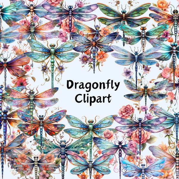 Dragonfly Clipart - Dragonflies Watercolor Clipart, Golden Dragonfly, Insect Clipart, Spring Images, Floral Bug Graphics, Commercial Use PNG