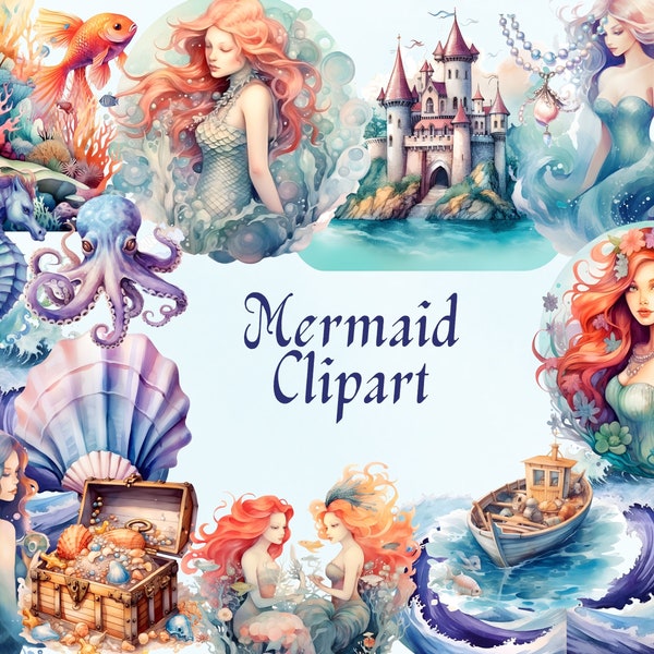 Mermaid Watercolor Clipart | Mermaids Tail Clipart | Underwater Mermaid Clipart | Mermaid Birthday Party PNG | Mermaid Fantasy Illustrations