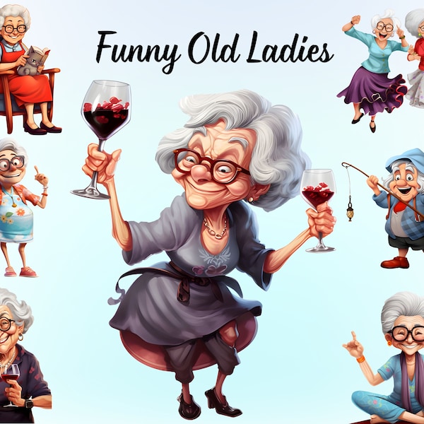 Funny Old Ladies Clipart, Cute Cartoon Grandma, Happy Woman Clipart, Crazy Old Lady Clipart, Funny Grandma Sublimation, Commercial Use PNG